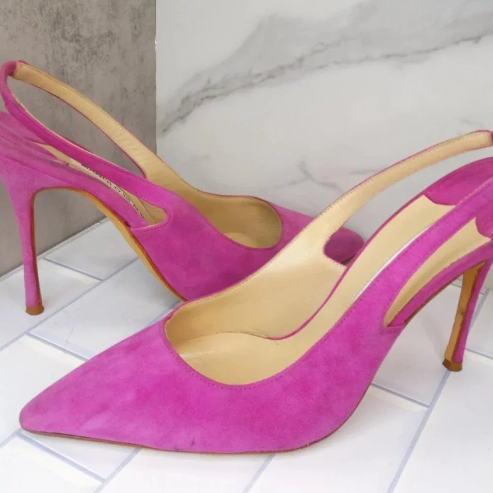 Manolo Blahnik Allura Pink Suede Slingback Pumps Pointed Toe Heels - Picture 8 of 14